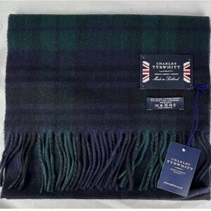 NWT Charles Tyrwhitt Green Tartan Plaid Cashmere Wool Scarf Fringe Black Blue